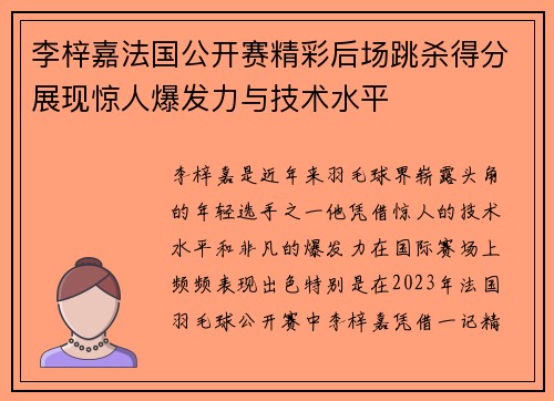 李梓嘉法国公开赛精彩后场跳杀得分展现惊人爆发力与技术水平