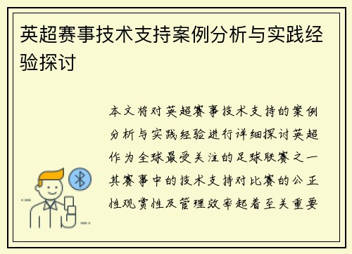 英超赛事技术支持案例分析与实践经验探讨